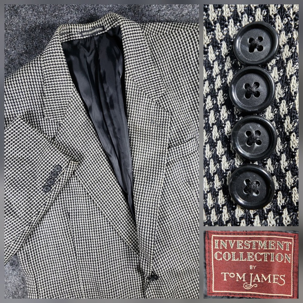 Tom James Blazer Mens 44R Black White Houndstooth 100% Wool Sport Coat 2-Button - Picture 1 of 15